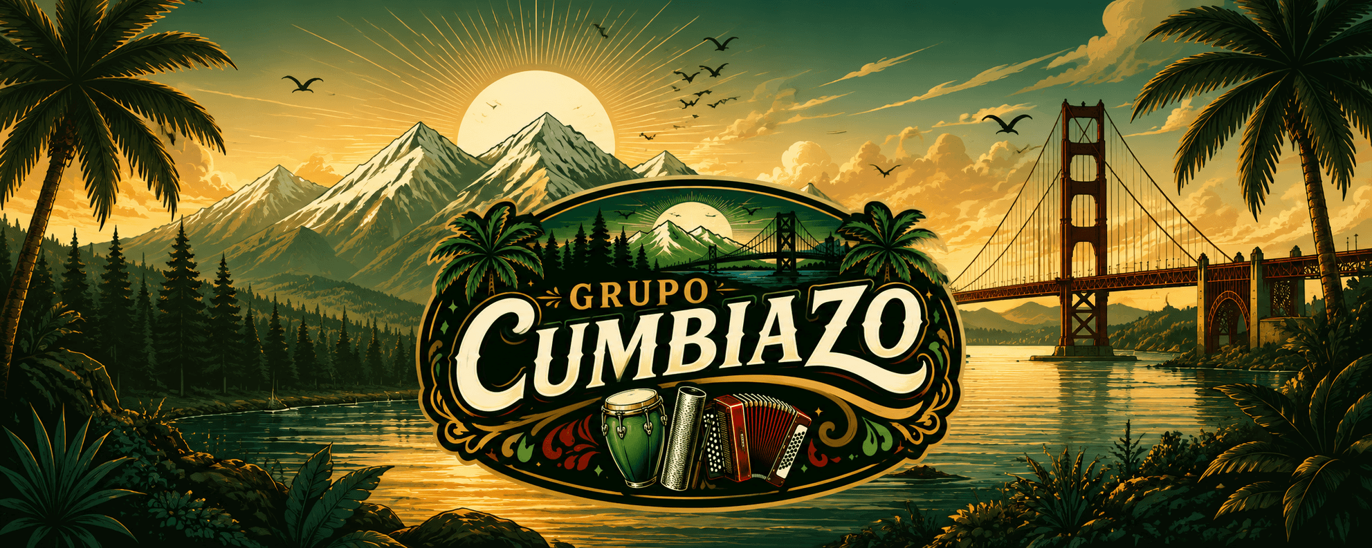 Grupo Cumbiazo badge over an illustrated Northern California scene — snow-capped mountains, a golden sky, the bay bridge, palms and evergreens