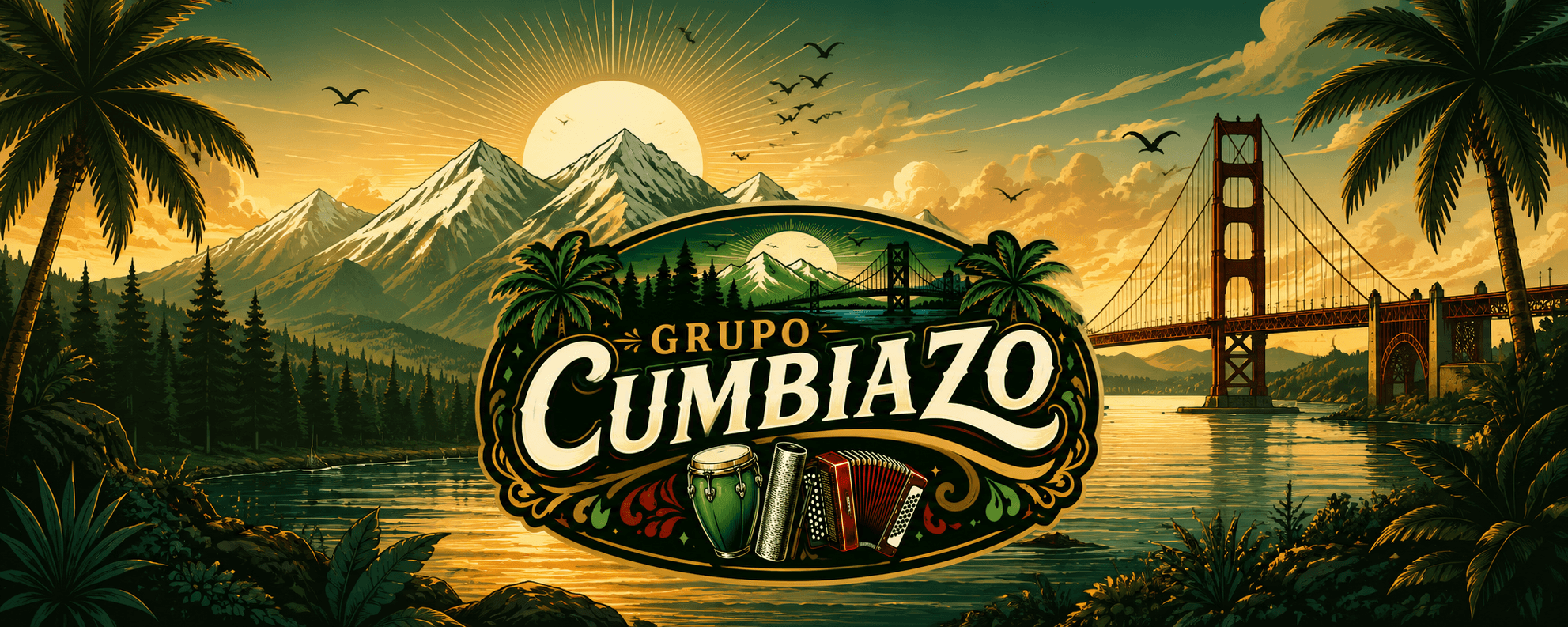 Grupo Cumbiazo badge over an illustrated Northern California scene — snow-capped mountains, a golden sky, the bay bridge, palms and evergreens